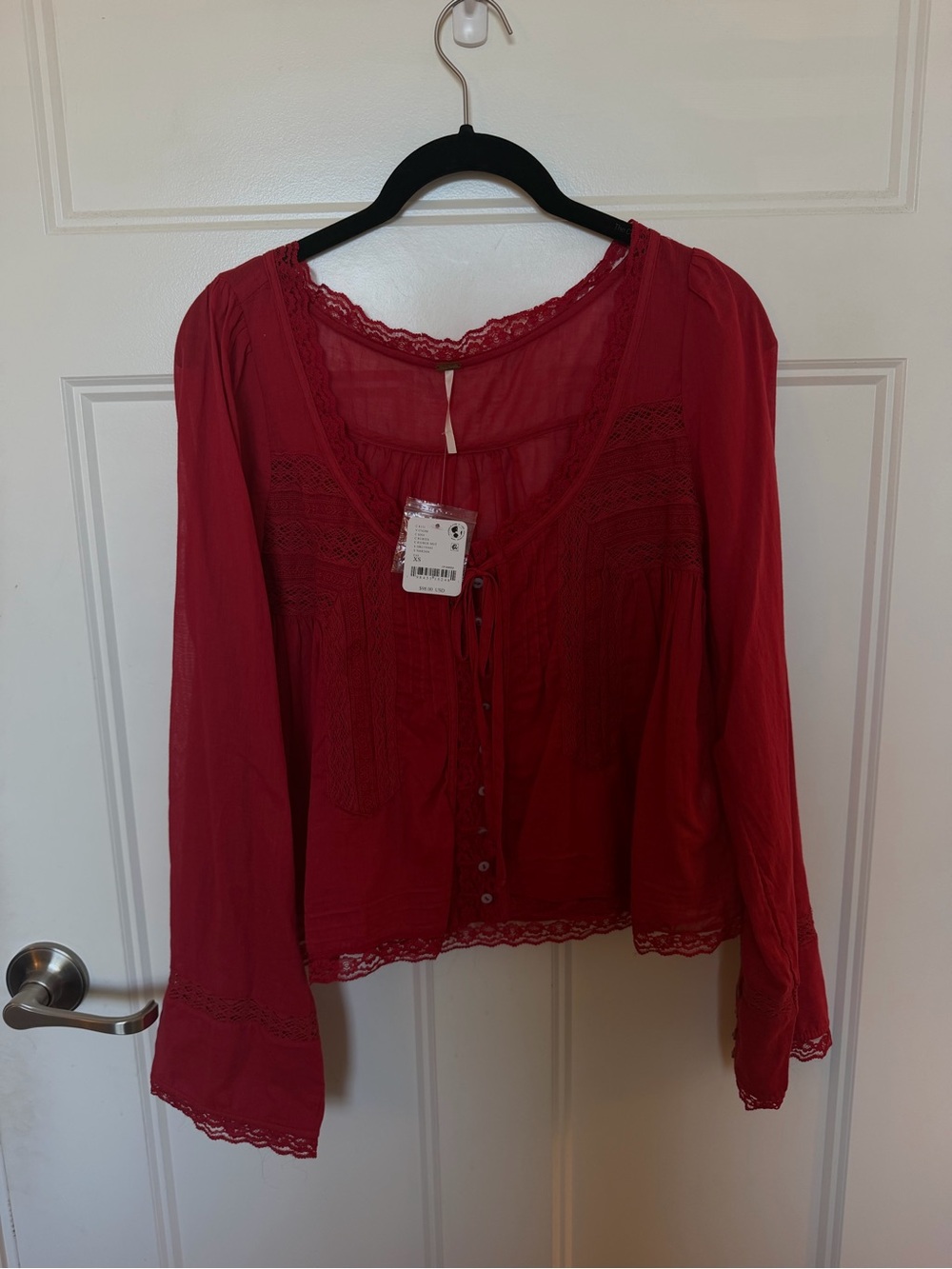 Free People Crimson Lace-Trim Button Front Blouse NWT